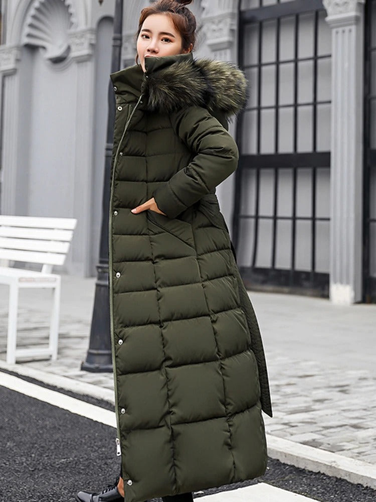 Women's Padded Parka - Soft Lined Hood with Belted Waist