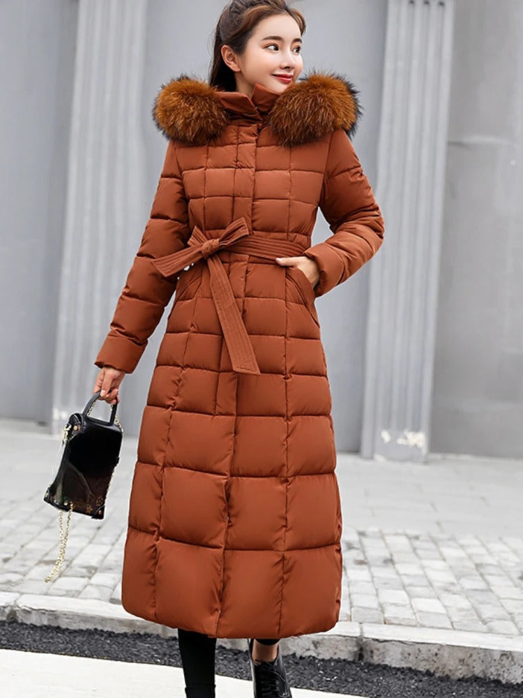 Women's Padded Parka - Soft Lined Hood with Belted Waist