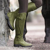 Women's Knee-High Boots - Buckle Strap and Rugged Sole